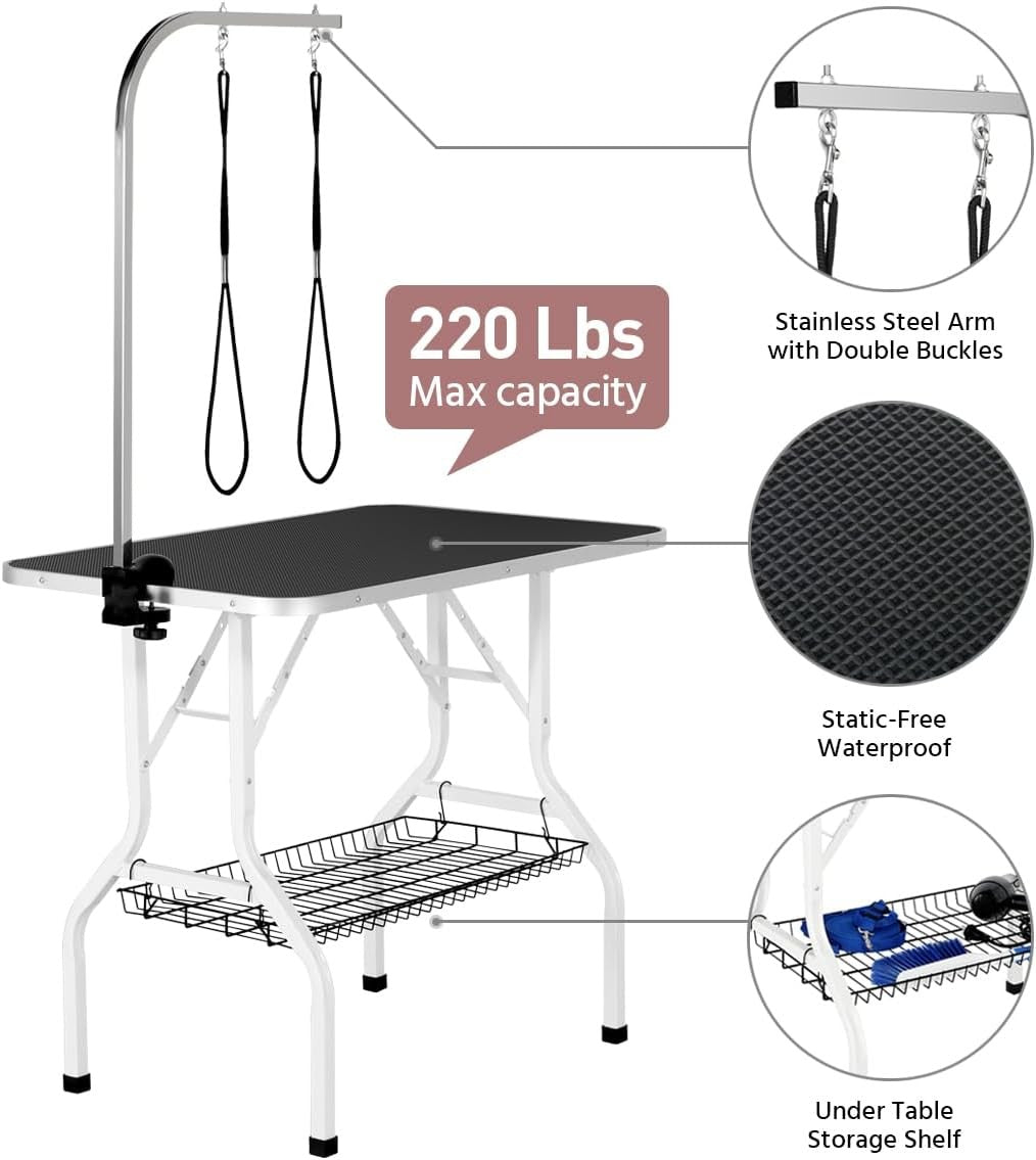 Foldable Dog Grooming Table Adjustable Arm Double Tether Basket Non Slip