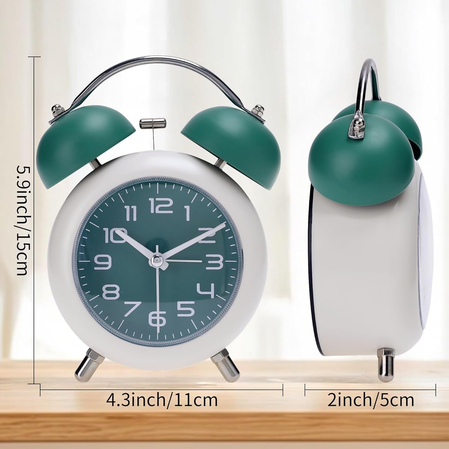 Loud Twin Bell Alarm Clock Night Light Metal Retro for Heavy Sleepers Green