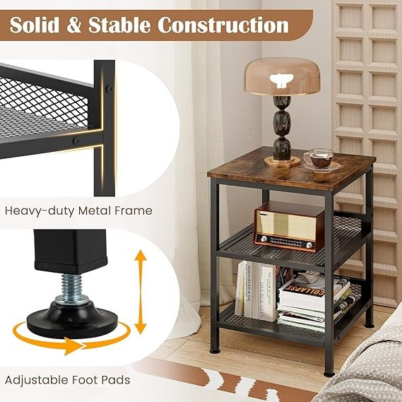 Industrial 3-Tier Side Table with Storage Shelves, Wood & Metal Nightstand