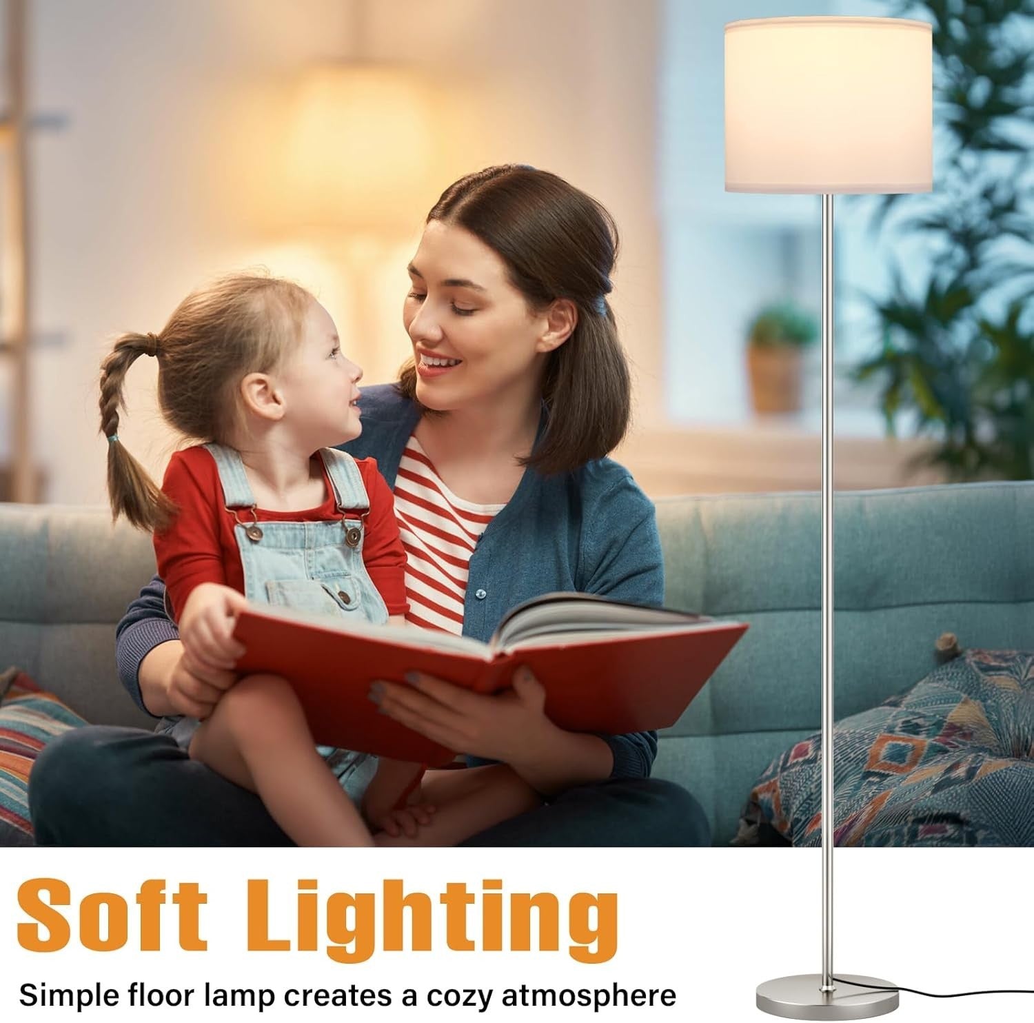 Modern Floor Lamp with Remote Dimmable White Shade Silver Pole 153cm 9W