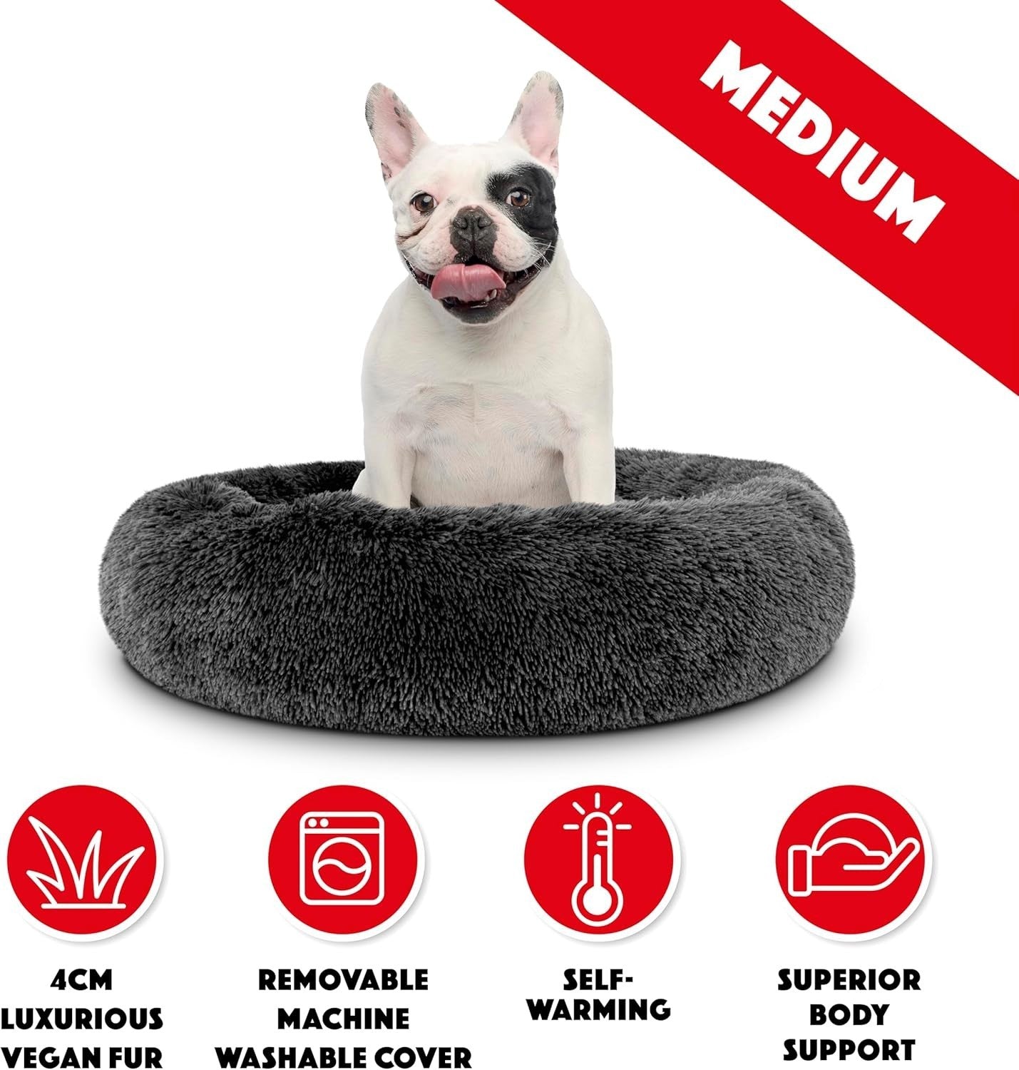 Medium Plush Donut Dog Bed 76cm Calming Round Nest Grey
