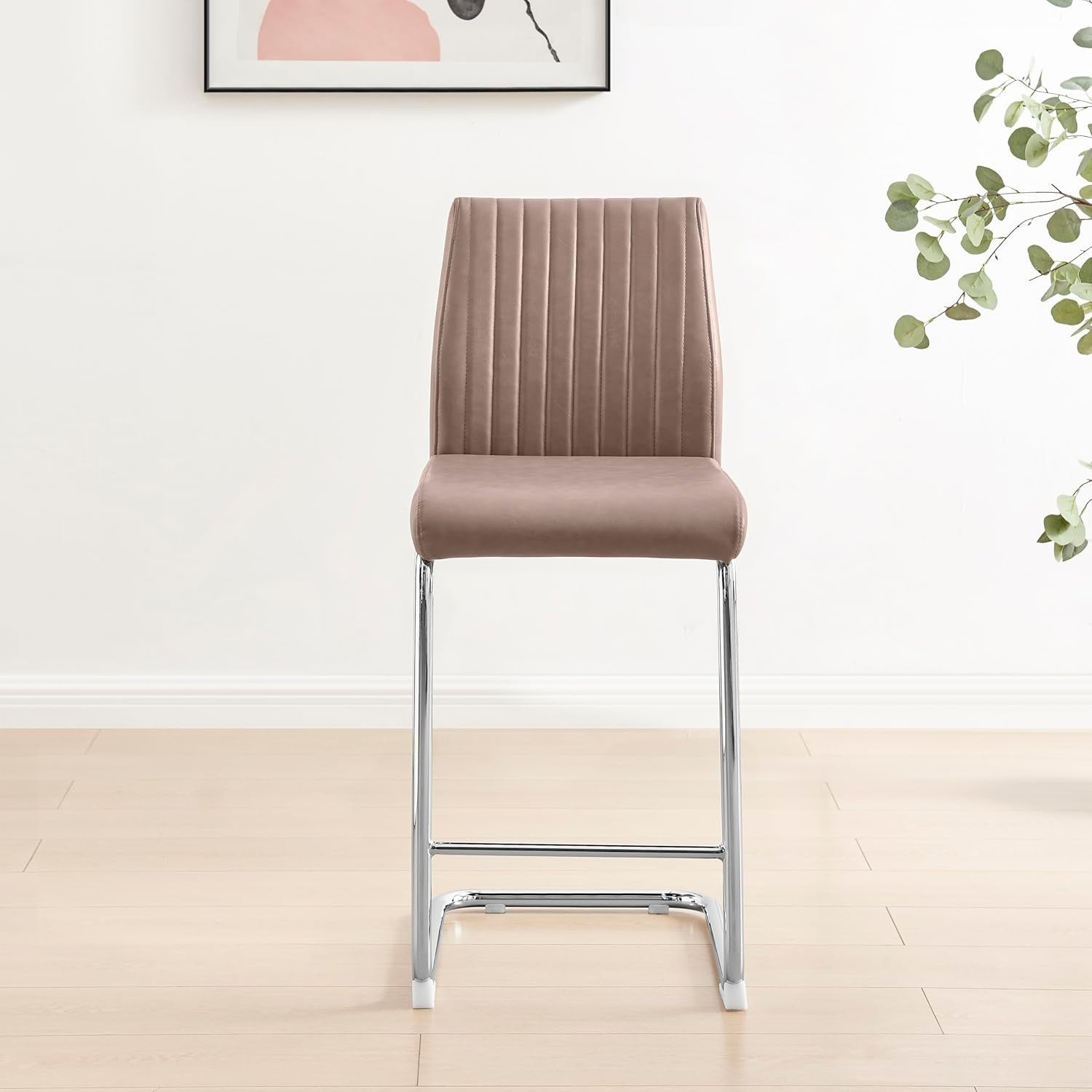 Modern Cappuccino Bar Stools Set of 2 – Faux Leather Cantilever Chairs