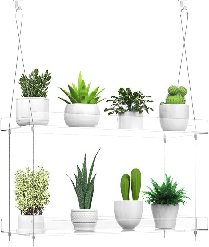 2 Tier Clear Acrylic Hanging Window Plant Shelf Indoor Garden Display Organizer