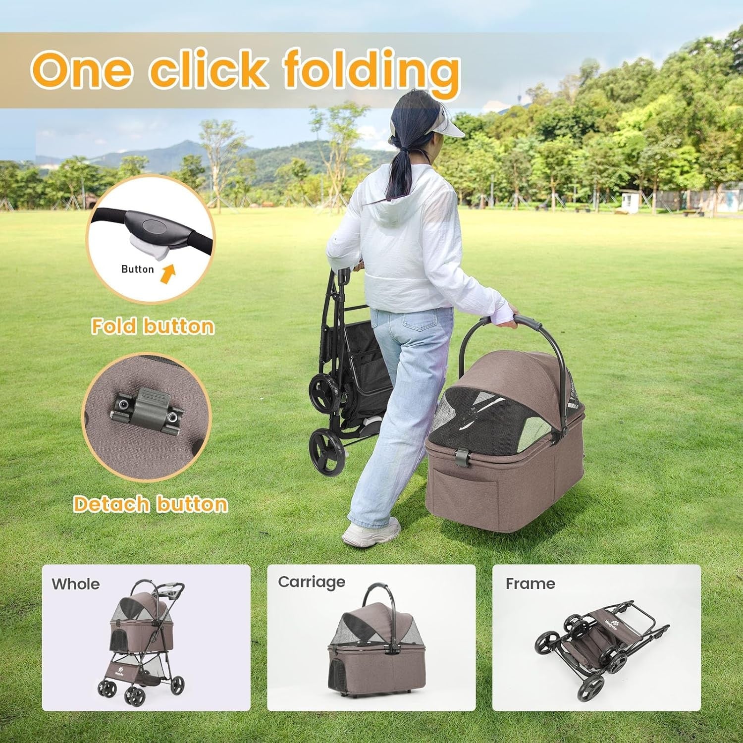 2 in 1 Pet Dog Stroller Removable Carrier 4 Wheel Folding Travel Pram
