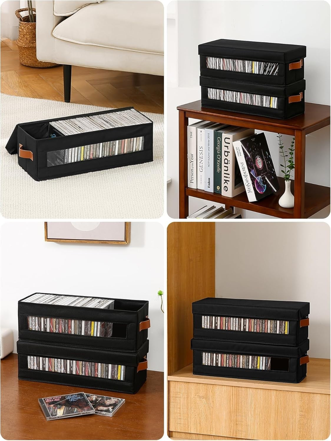 4 Pack CD DVD Storage Boxes Stackable Organizer Cases with Window Lids