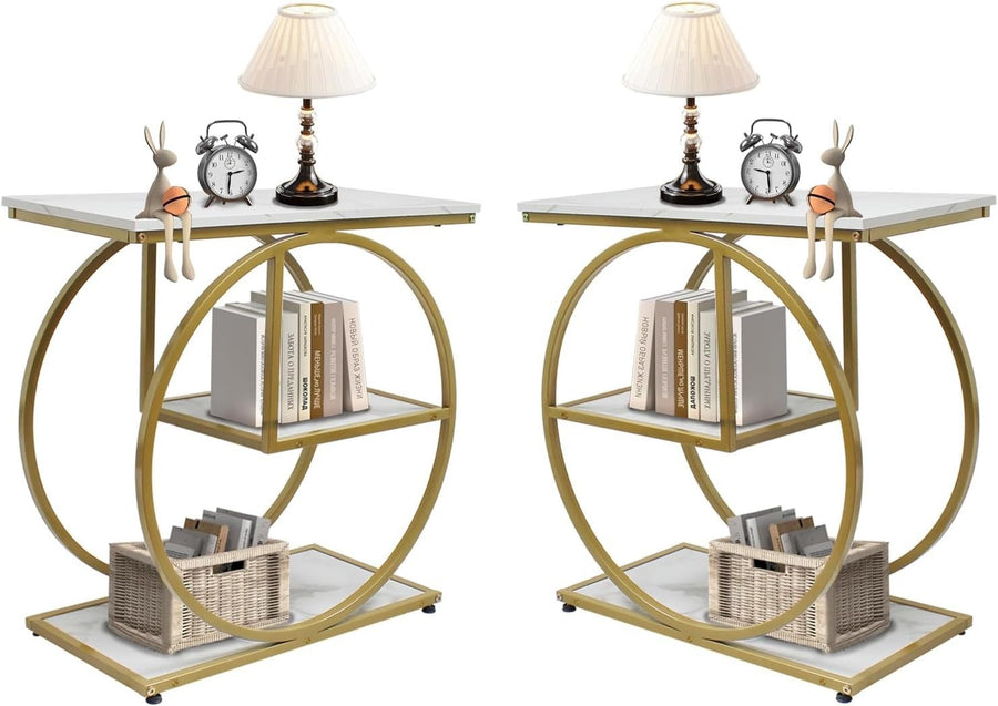 3-Tier Gold Side Table with Storage Shelves, Compact Modern Sofa End Table