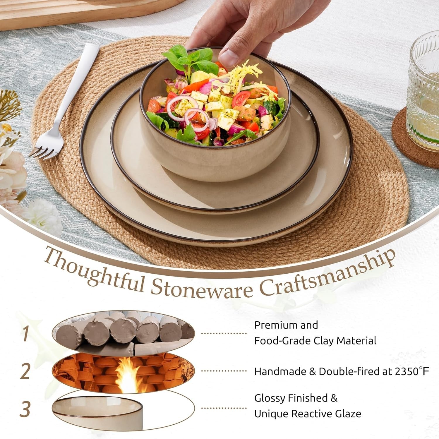 12pc Stoneware Dinner Set Latte Khaki Plates Bowls Reactive Glaze