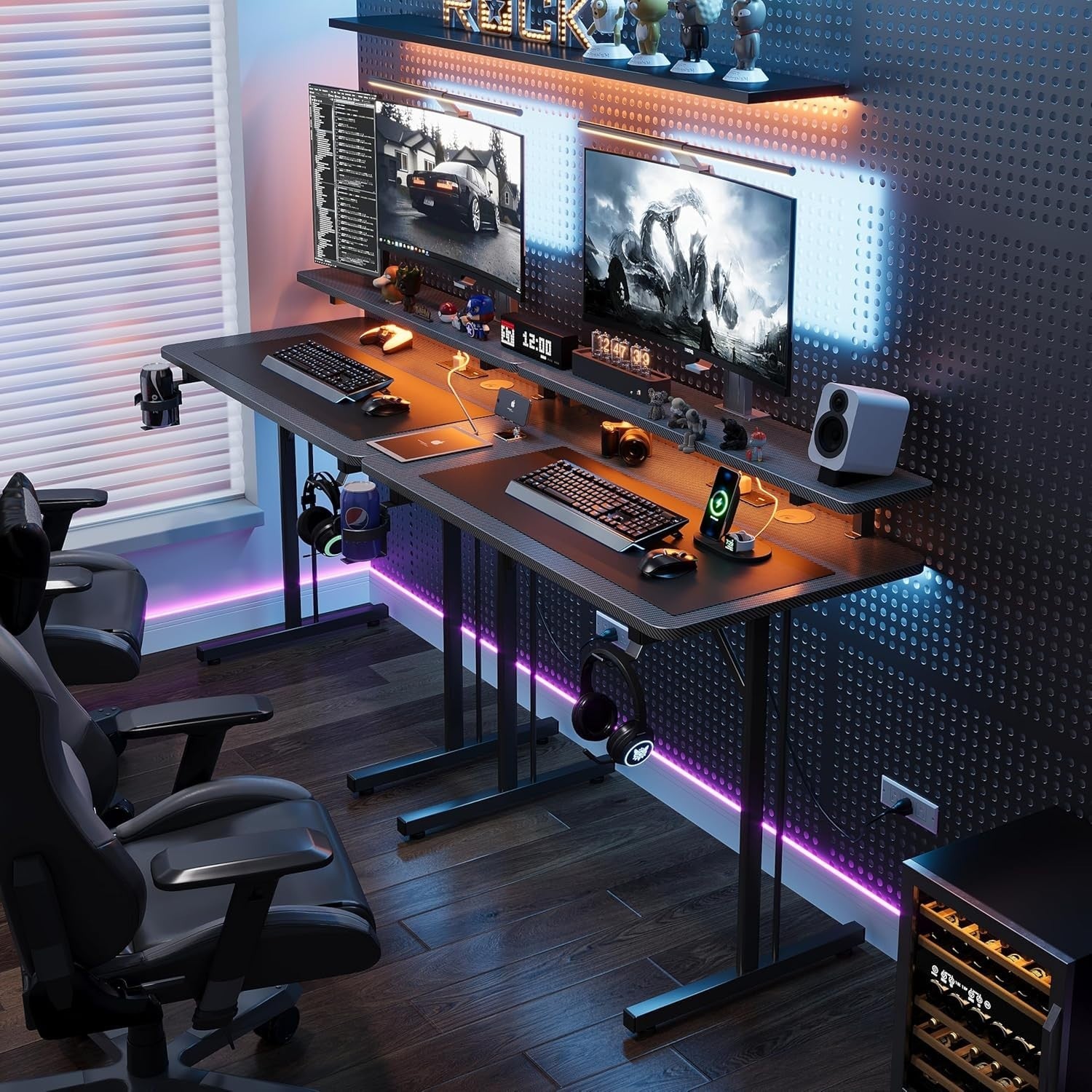 LED Gaming Desk with Power Outlets, Carbon Fiber Computer Table for Home Office