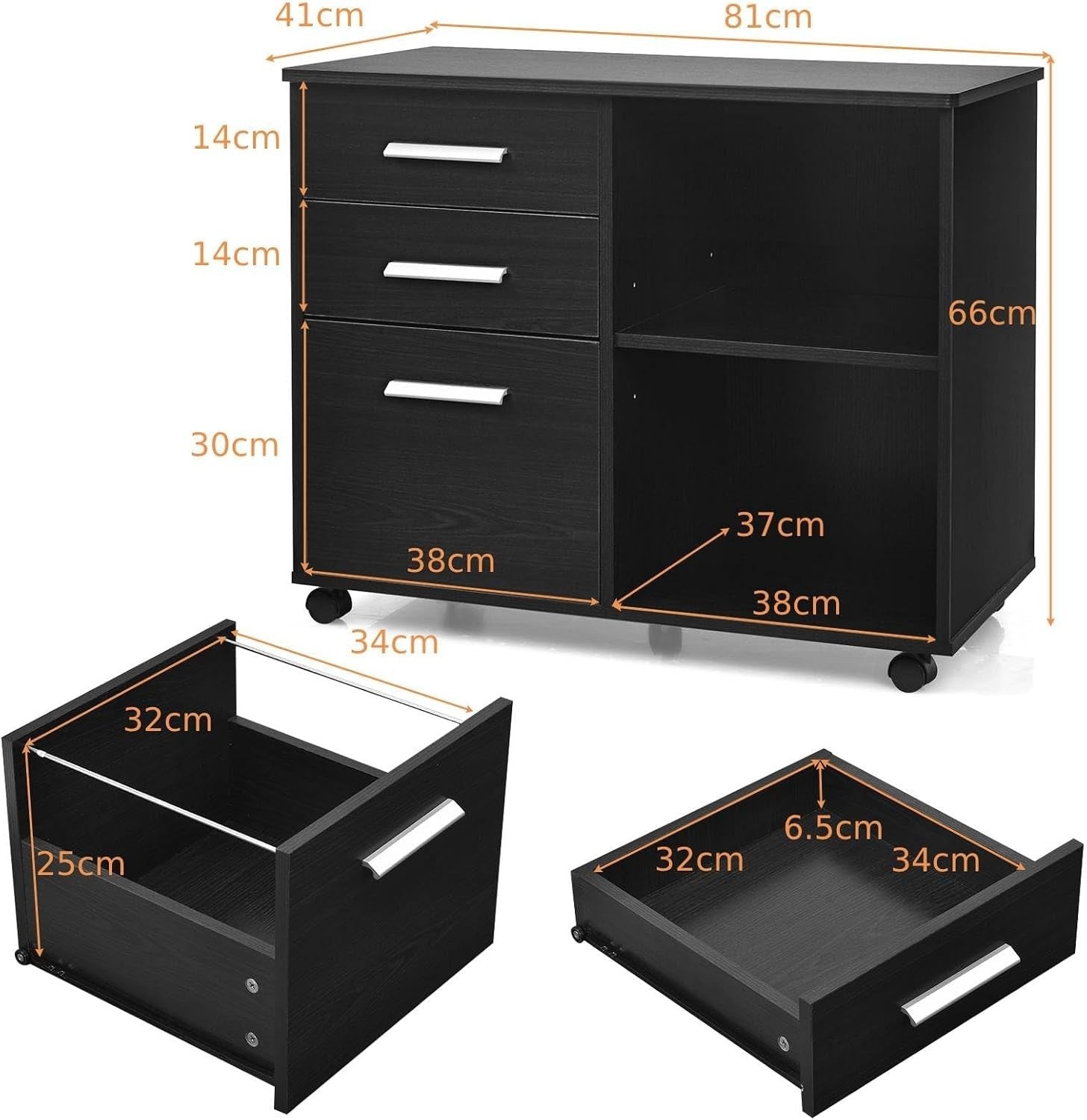 3 Drawer Mobile Filing Cabinet with Shelves Under Desk Office Storage Black