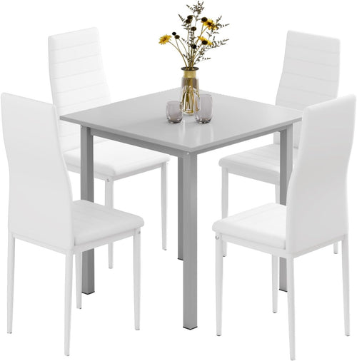 Modern Grey Dining Table Set with 4 Faux Leather Chairs – Compact & Durable
