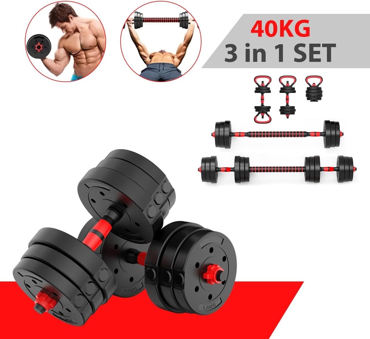40kg Adjustable Dumbbells Barbell Kettlebell Set Home Gym Weights