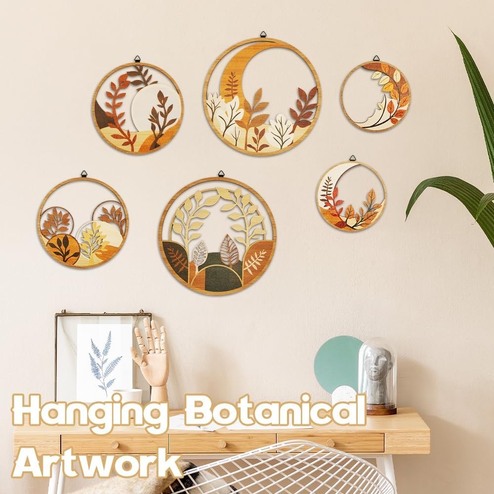 Boho Wooden Wall Art Set of 6 Botanical Circles Living Room Bedroom Decor