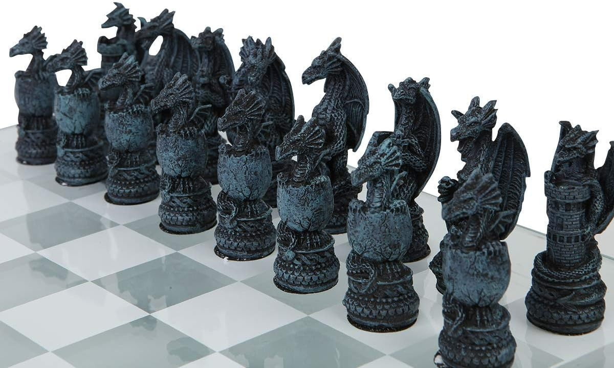Luxury Dragon Chess Set 43cm | Hand-Painted Resin Pieces on Glass Board