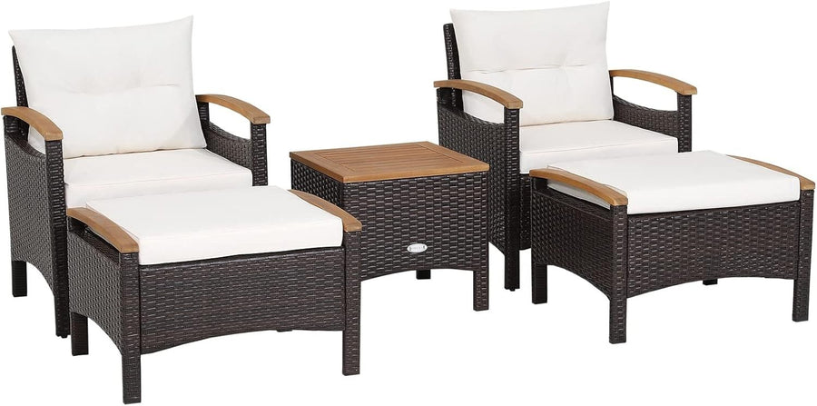 5PC Rattan Patio Furniture Set w/ Chairs Ottomans Table Cushions Garden