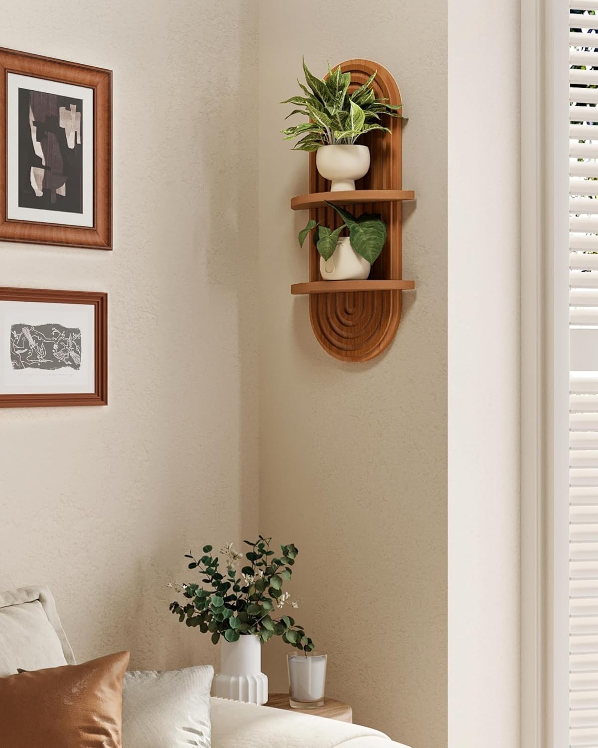 Boho 2-Tier Arched Wall Shelf 16.9" Wooden Floating Plant Decor