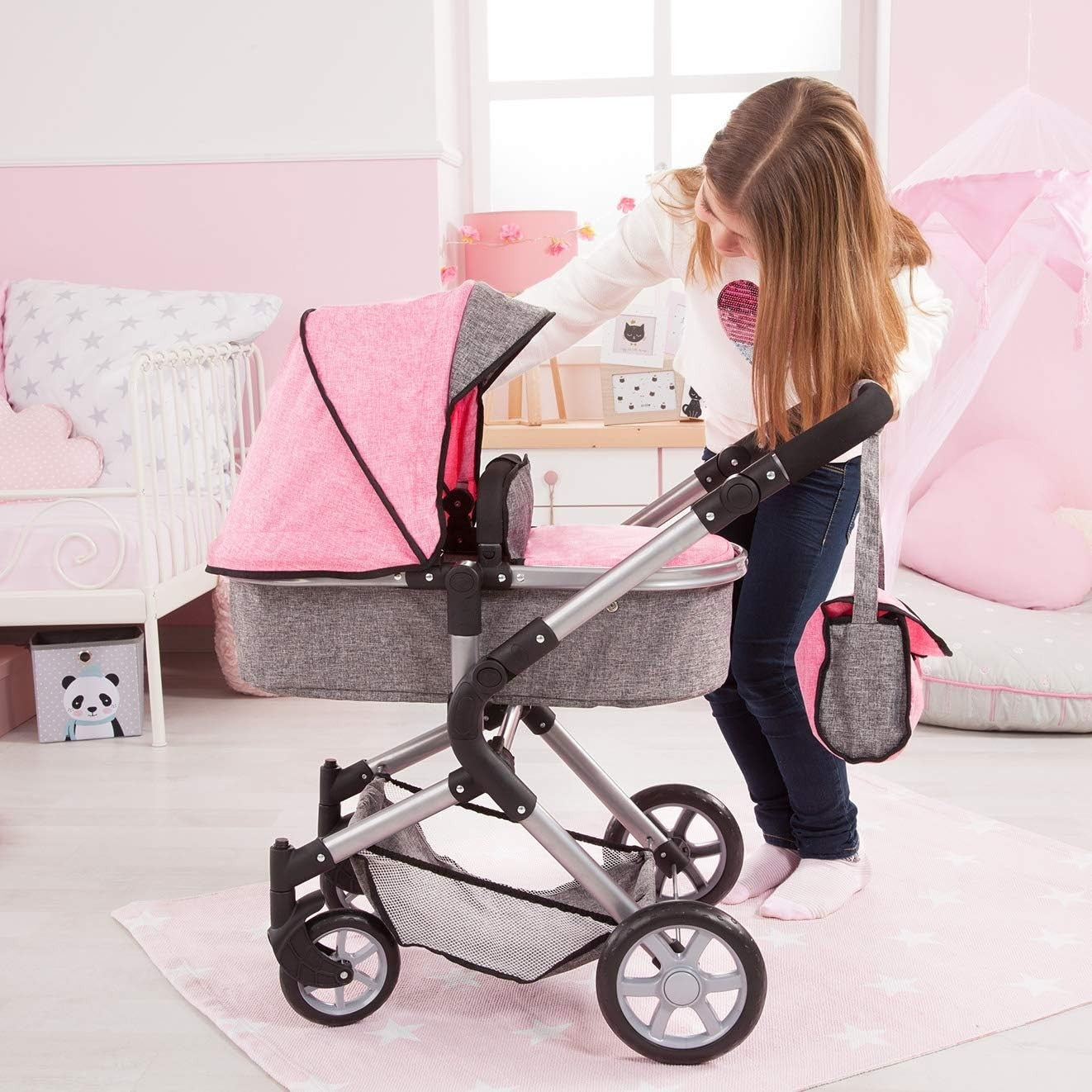 Dolls Pram Pushchair Convertible Adjustable Handle Basket Bag Toy
