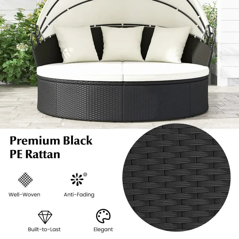 Outdoor Patio Rattan Round Daybed Sun Lounger w/ Retractable Canopy Cushions