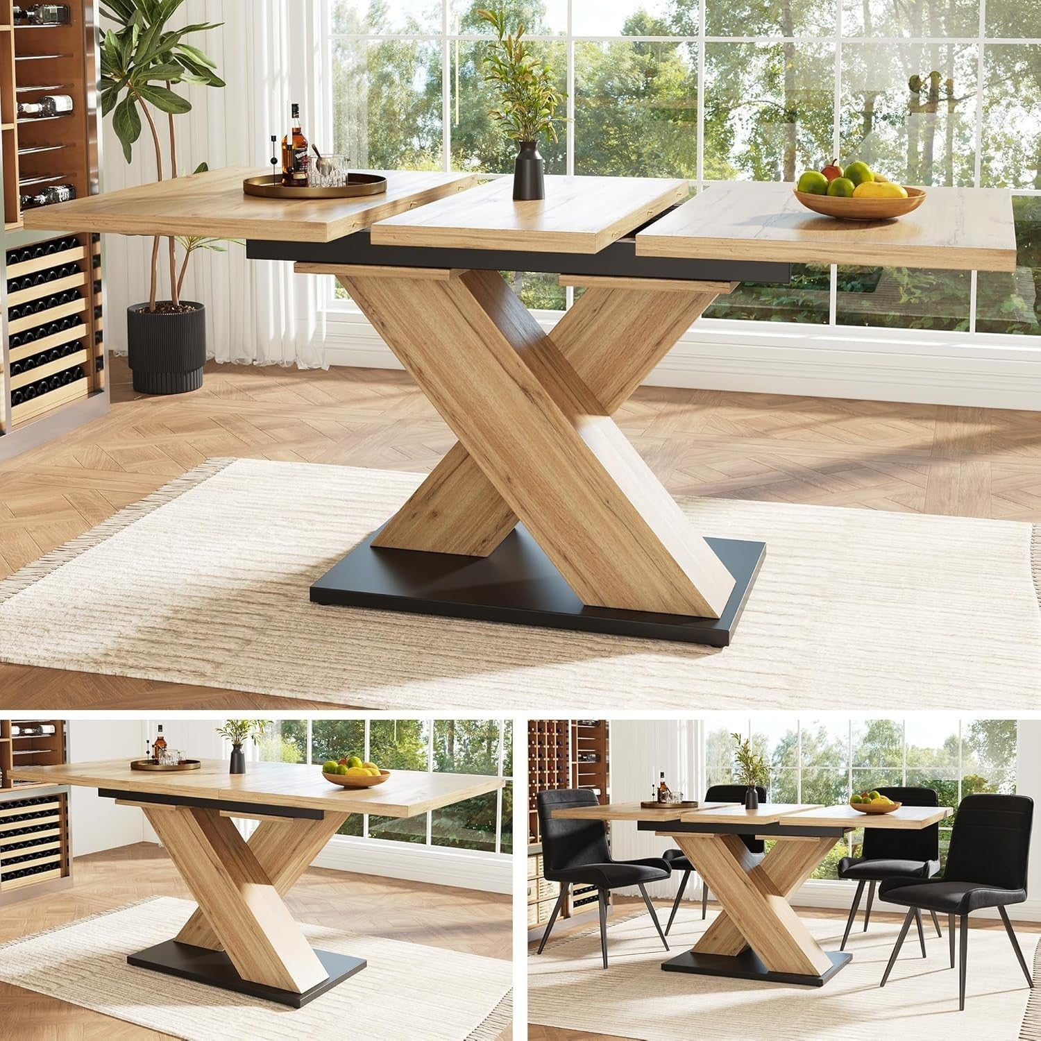 Extendable Dining Table 6-8 Seat Solid Wood Look Pedestal Base Modern