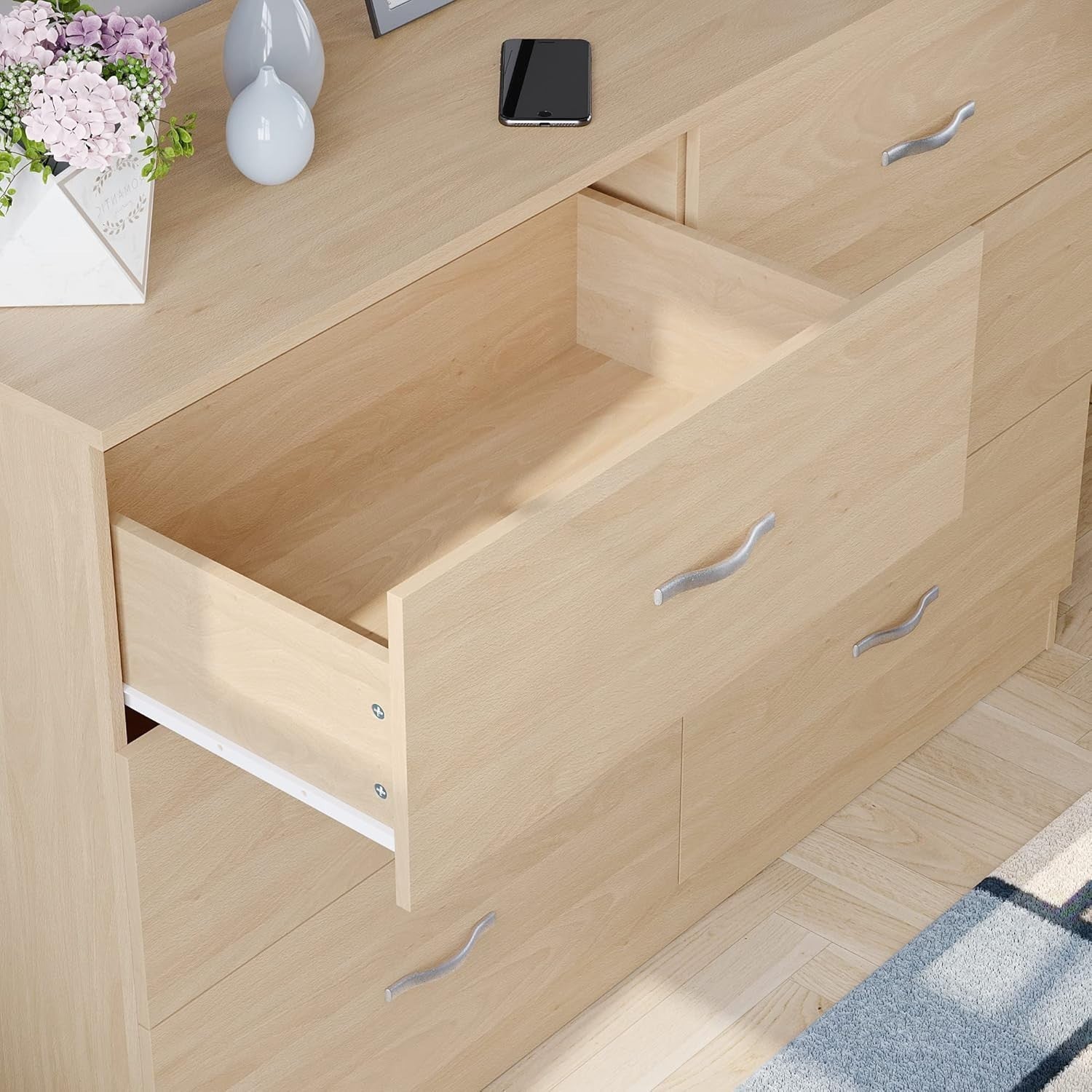 Pine 6 Drawer Wide Chest Bedroom Storage Unit Sliding Drawers Flatpack