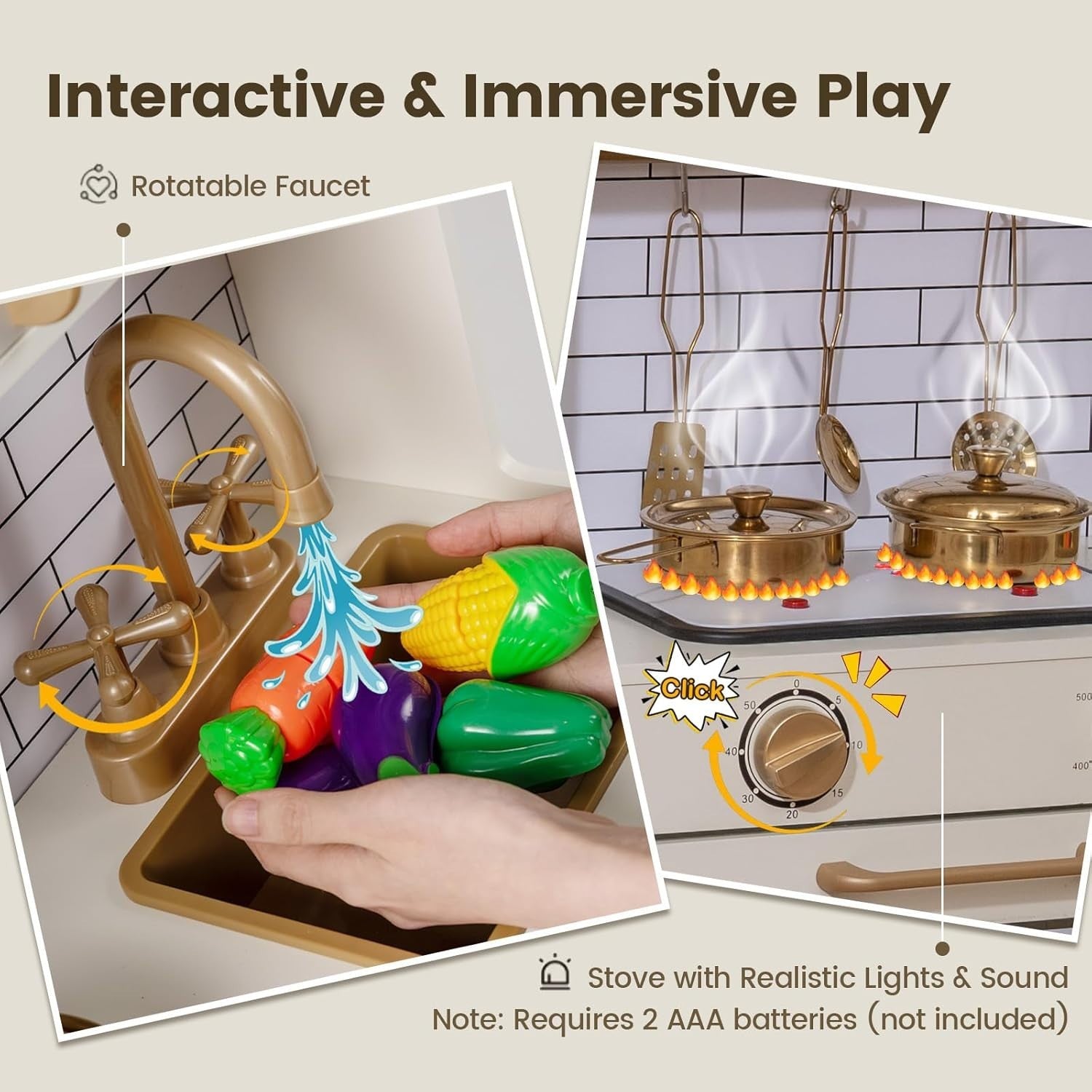 Kids Wooden Play Kitchen Lights Sounds Ice Dispenser Coffee Maker