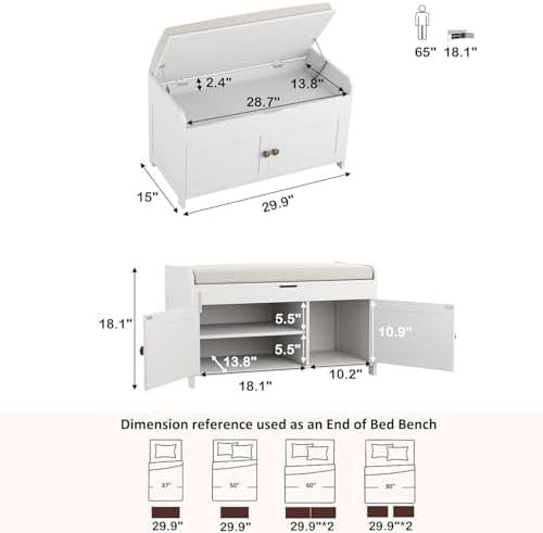 White Shoe Storage Bench with Cushion Seat 2-Door Cabinet Entryway 76x39x46cm