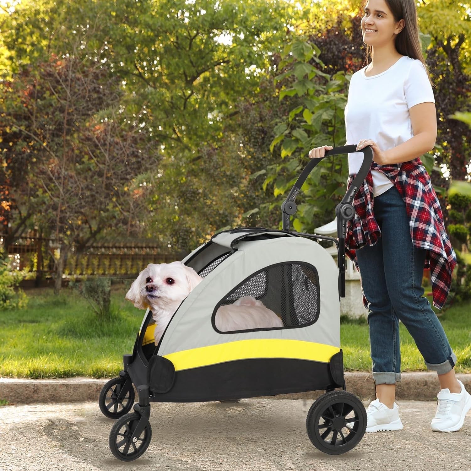 Heavy Duty Pet Stroller with Brakes Oversized Wheels Small Dogs Cats Yellow