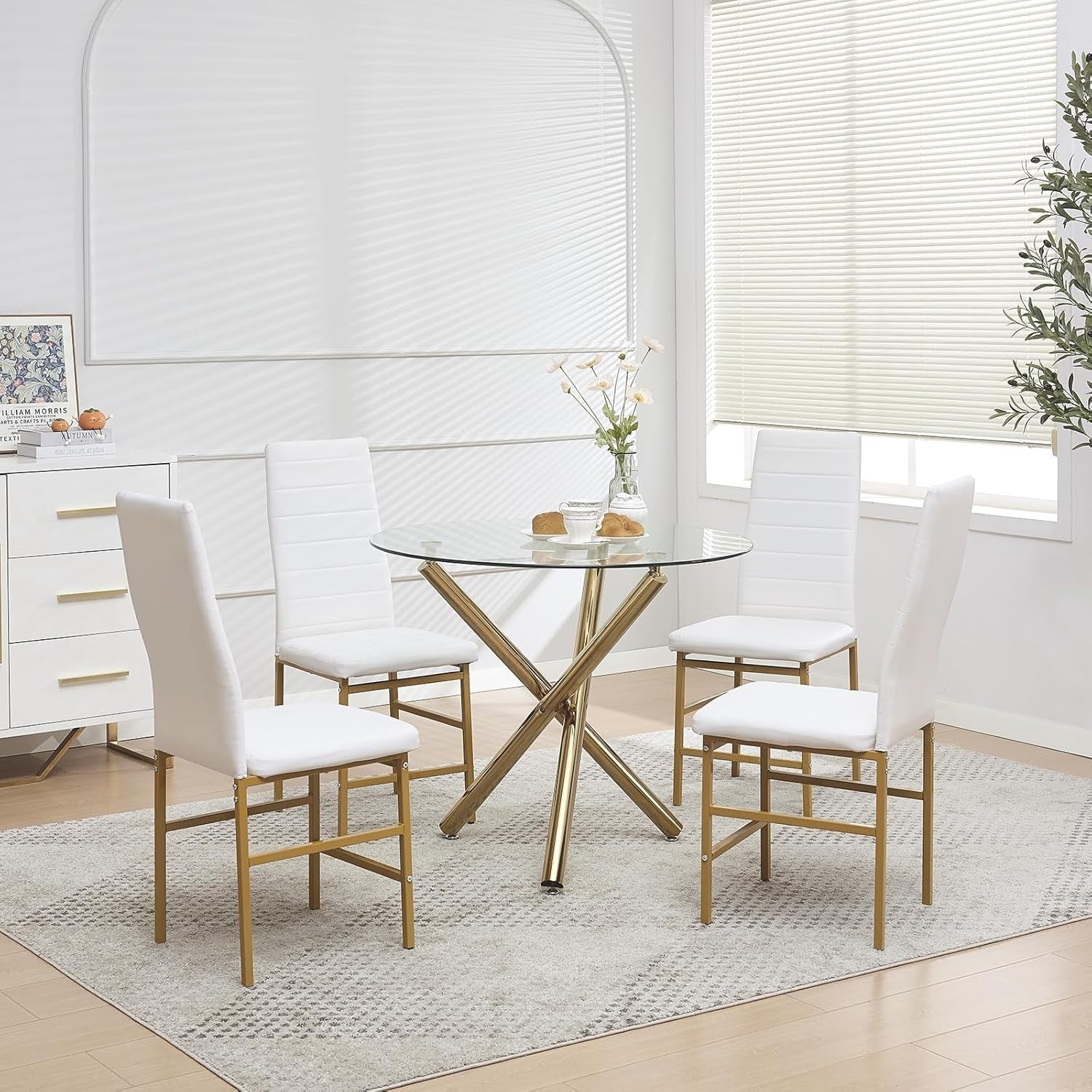 Gold Round Glass Dining Table Set 4 Faux Leather Chairs Compact Room