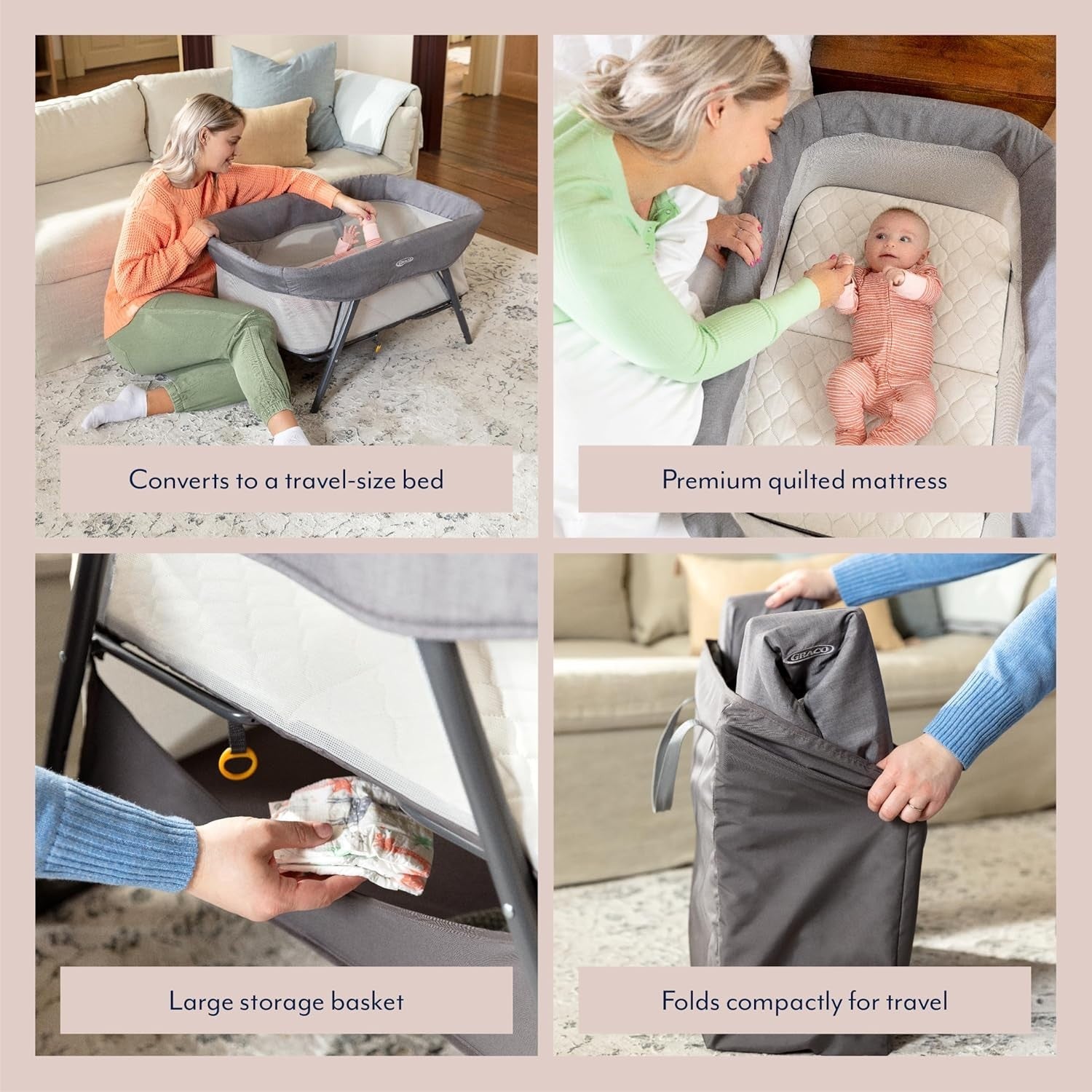 Portable Bedside Baby Bassinet Crib Travel Cot Folding Lightweight with Storage