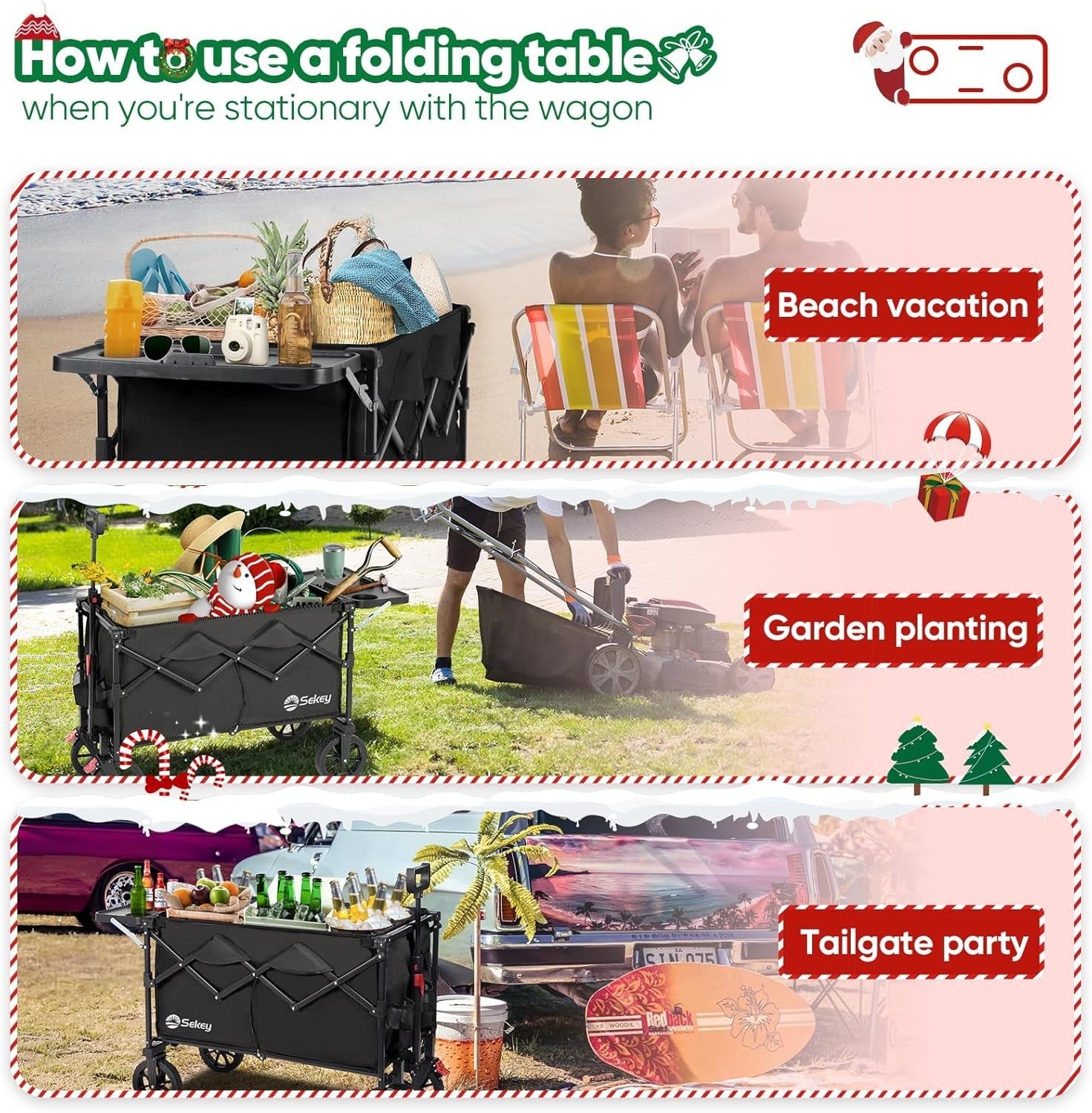 Black 250L Folding Wagon with Table Heavy Duty 330lbs Outdoor Trolley