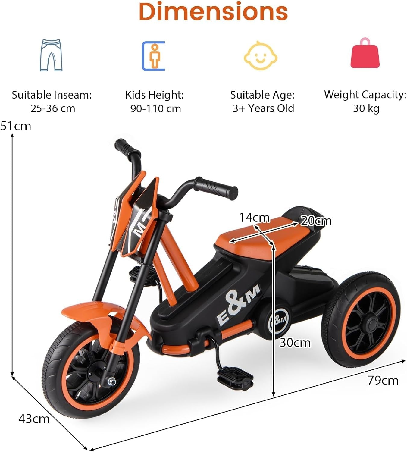 Kids Tricycle 3 Wheel Balance Bike Anti Slip Pedals Orange Age 3+