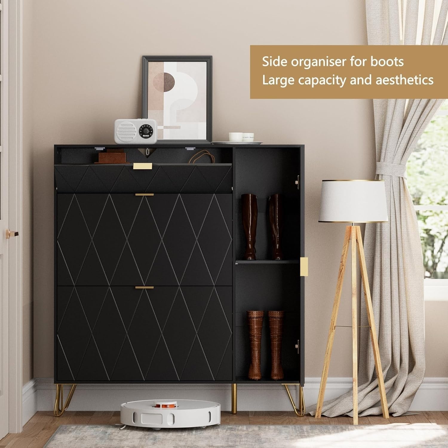 Narrow 16 Pair Shoe Cabinet with Boot Storage & Hidden Shelf – Black