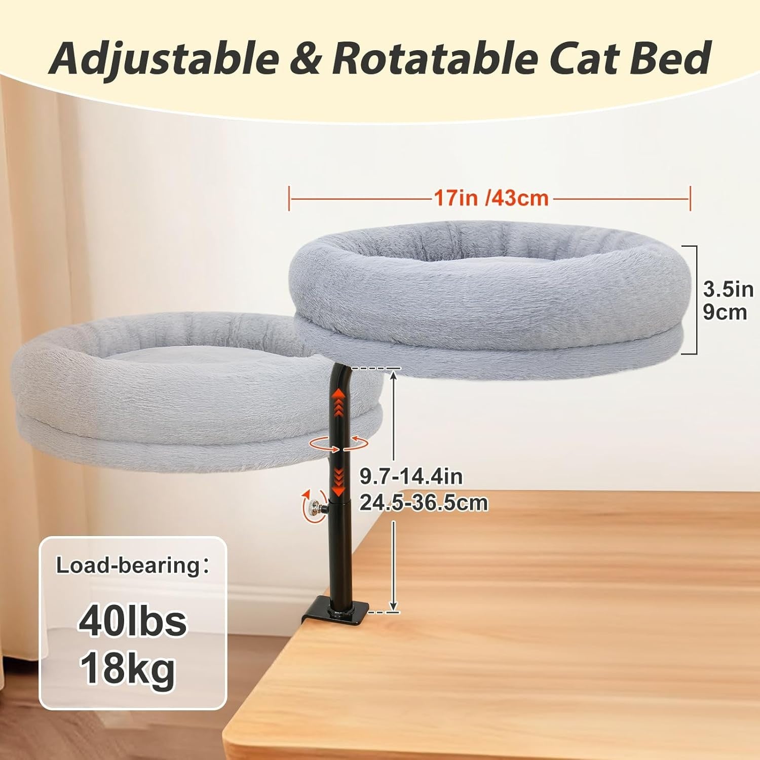 360° Rotating Cat Desk Bed Adjustable Clamp Hammock Perch Grey