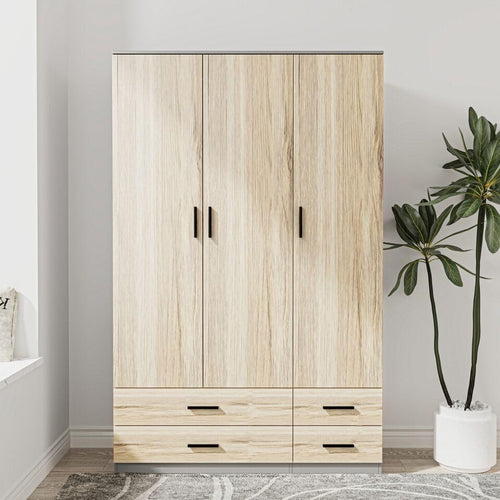 3 Door Wardrobe Grey Oak 4 Drawer Storage Hanging Rail Bedroom Cupboard
