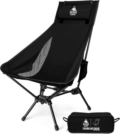 Black High Back Folding Camping Chair with Pillow, Heavy Duty 170kg Support