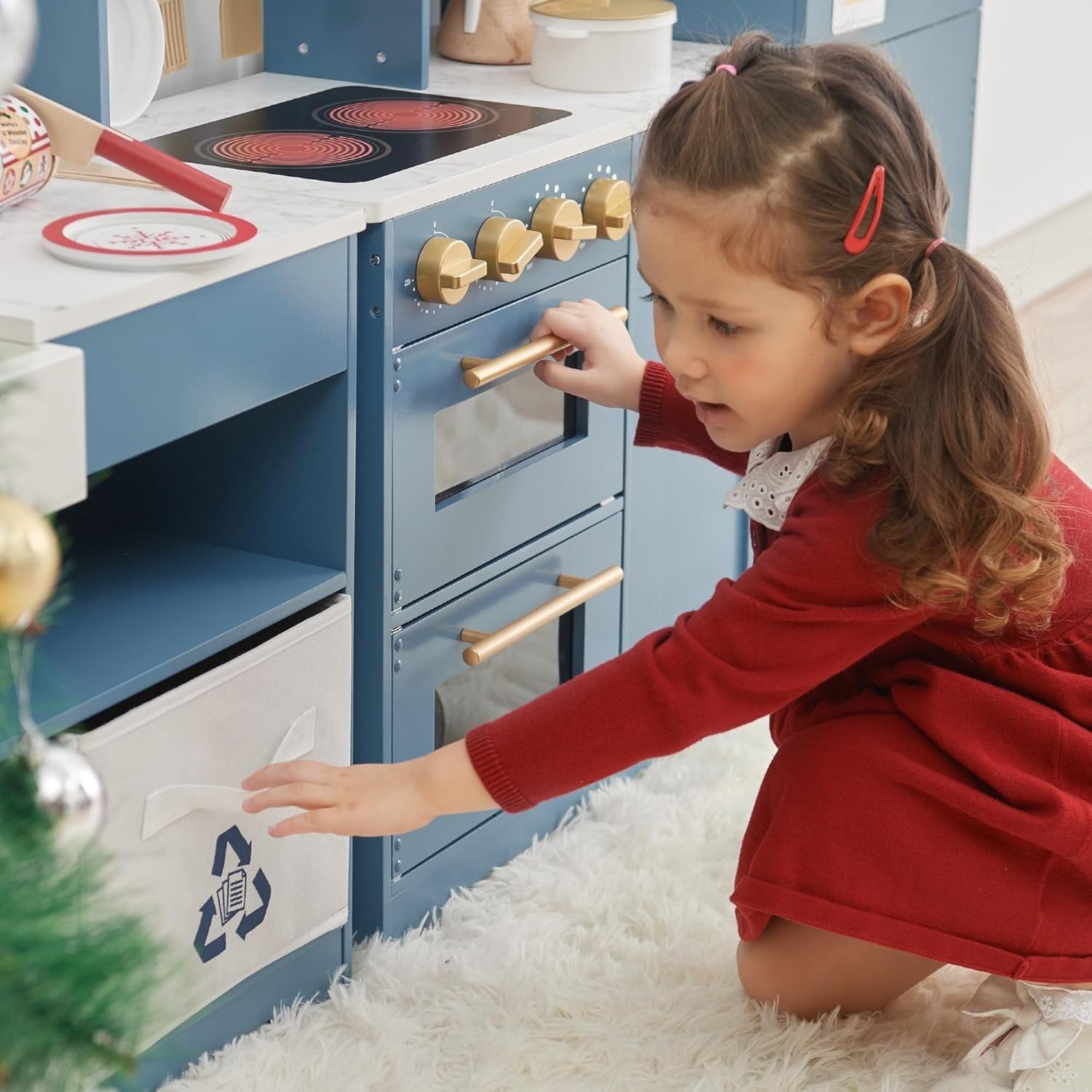 Modular Wooden Kids Play Kitchen Ice Dispenser Blue Toy Set