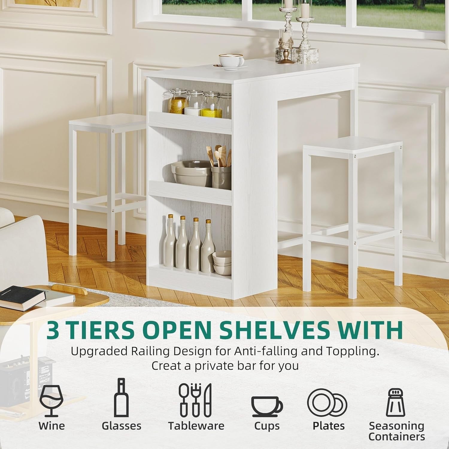 White Breakfast Bar Table Set with Storage Shelves & 2 Stools Space Saving