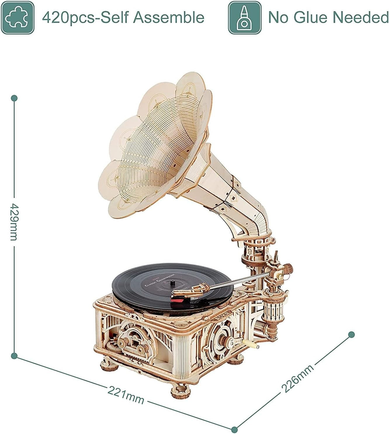 3D Wooden Gramophone Puzzle Music Box DIY Model Kit Retro Home Decor