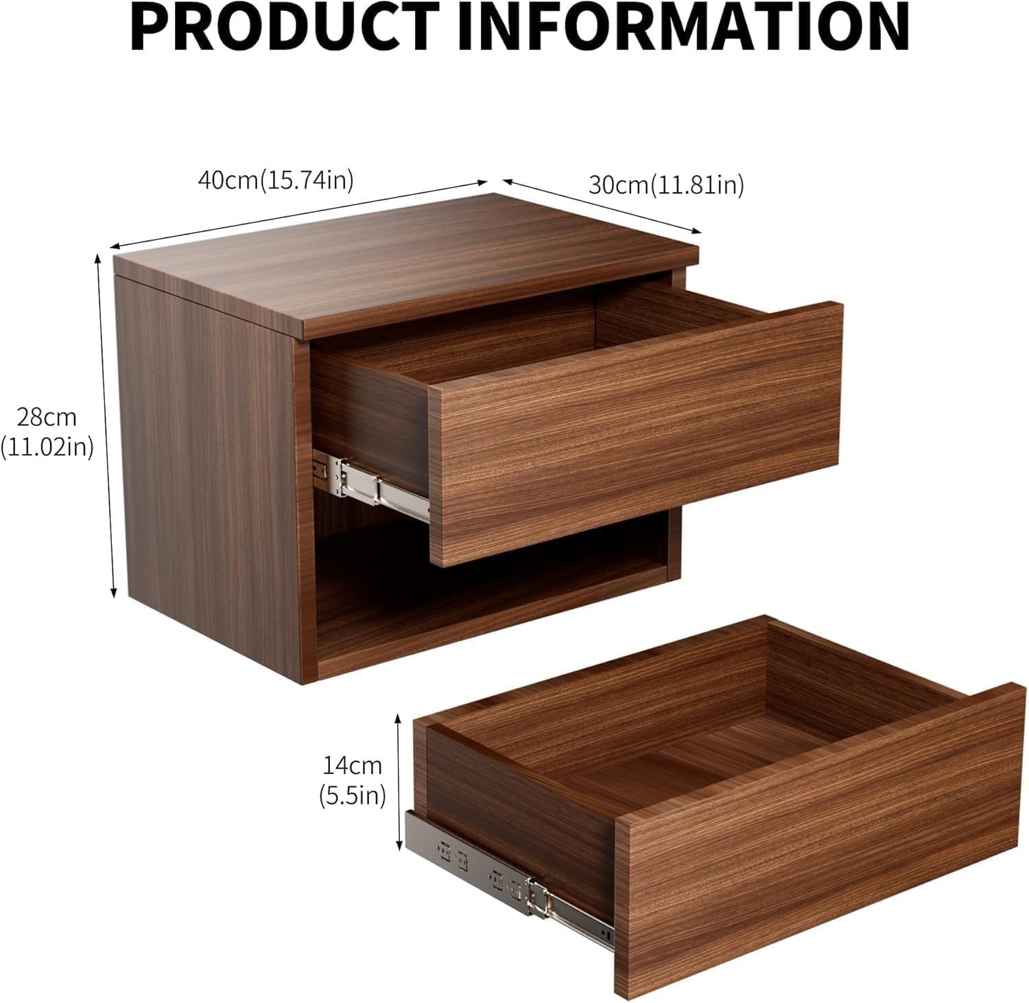 Modern Floating Walnut Bedside Tables Set of 2 – Wall Mounted Drawers & Shelves