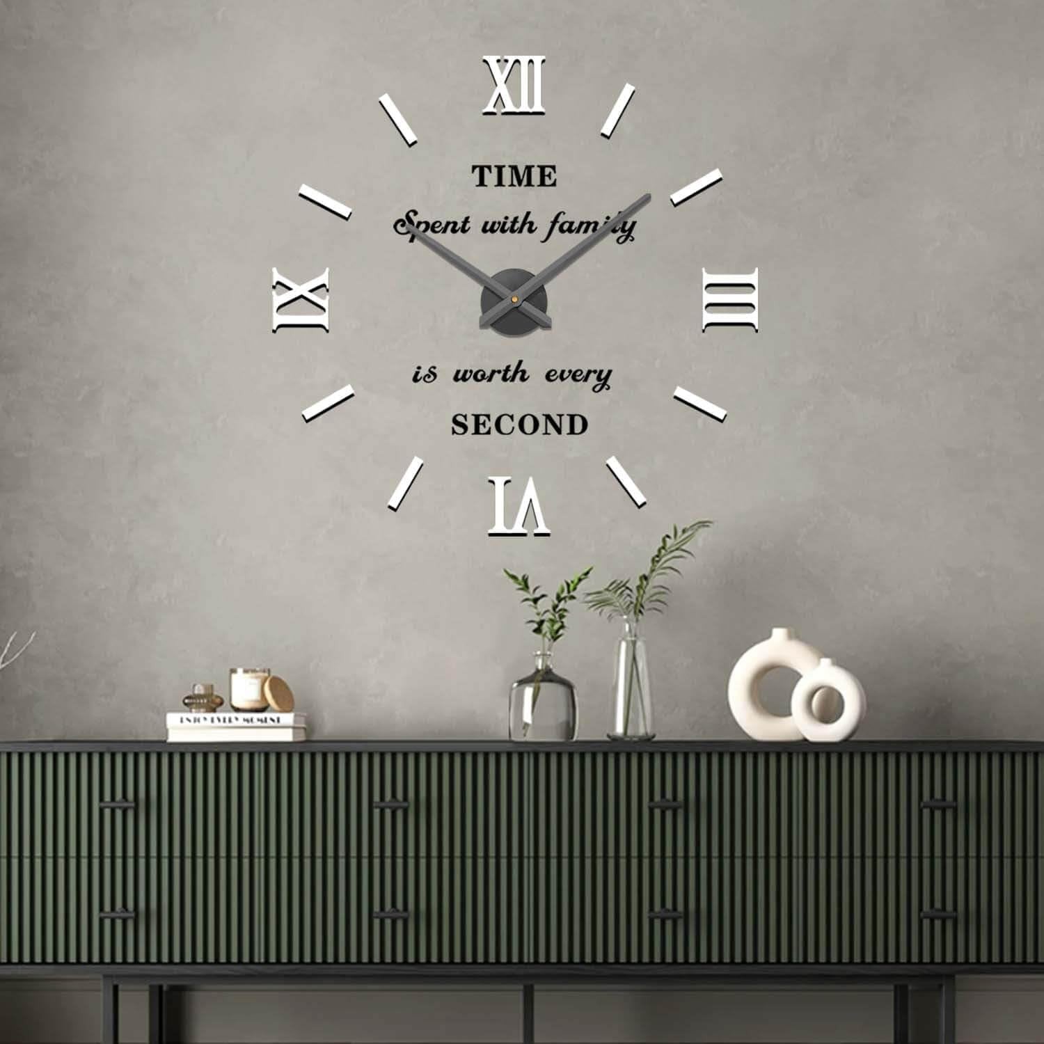Modern DIY Frameless Wall Clock Large 3D Mirror Sticker Roman Numeral Decor