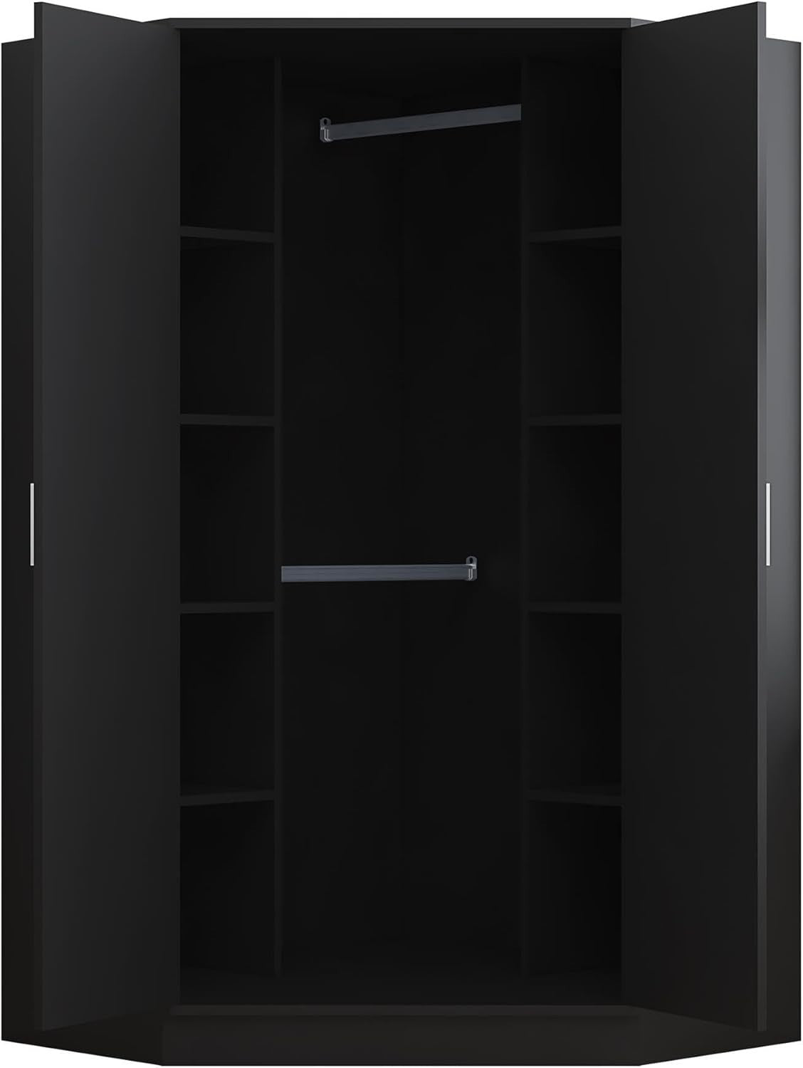 Black Gloss Corner Wardrobe 2 Door with Hanging Rails & Shelves, Space Saver