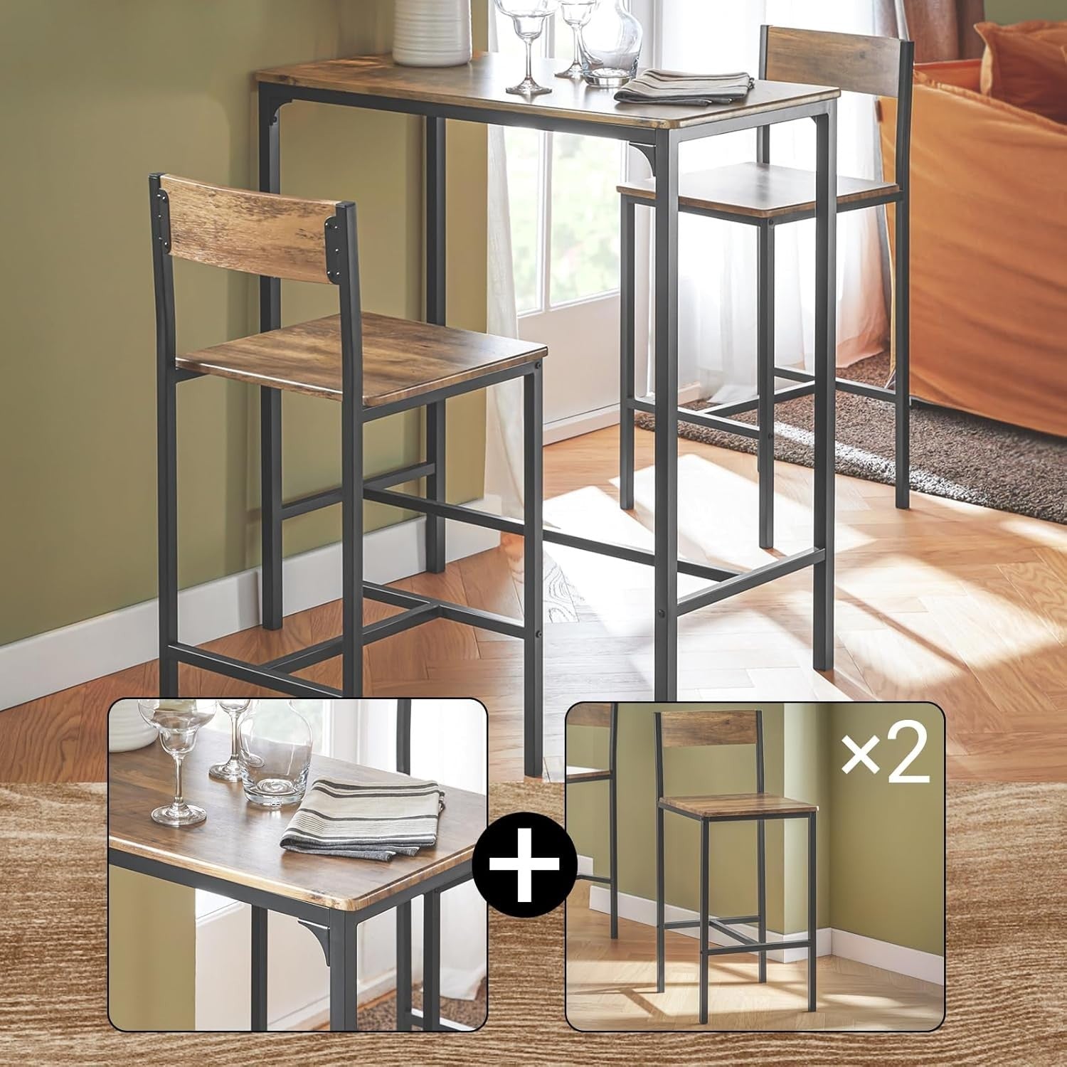 3 Pieces Bar Table Set with 2 Stools Modern High Dining Breakfast Furniture