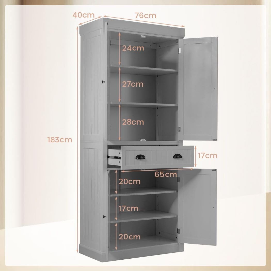 Grey Tall Kitchen Cupboard 183cm Pantry Storage Cabinet AdjustableUnit