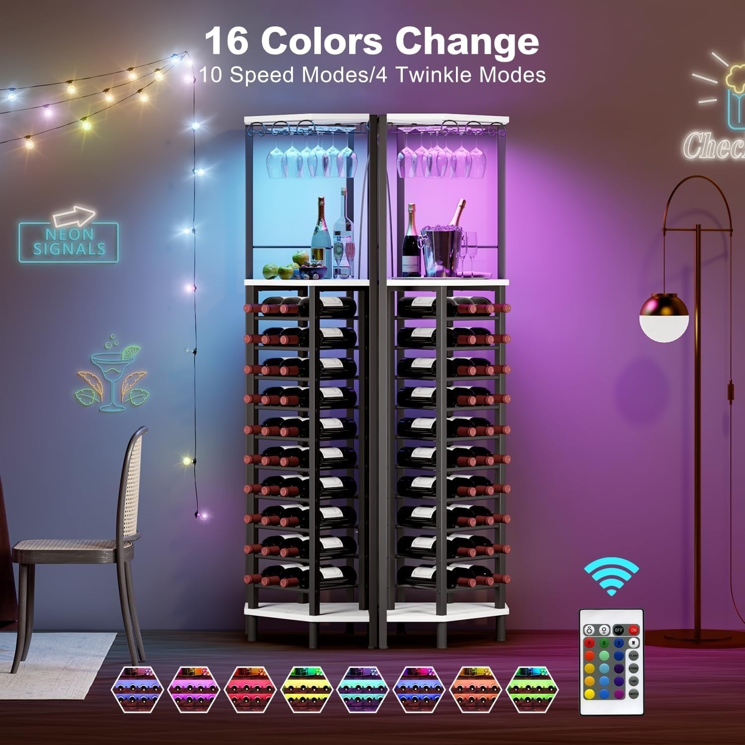Corner Wine Bar Cabinet with LED Light, Glass Holder & 20 Bottle Storage Rack