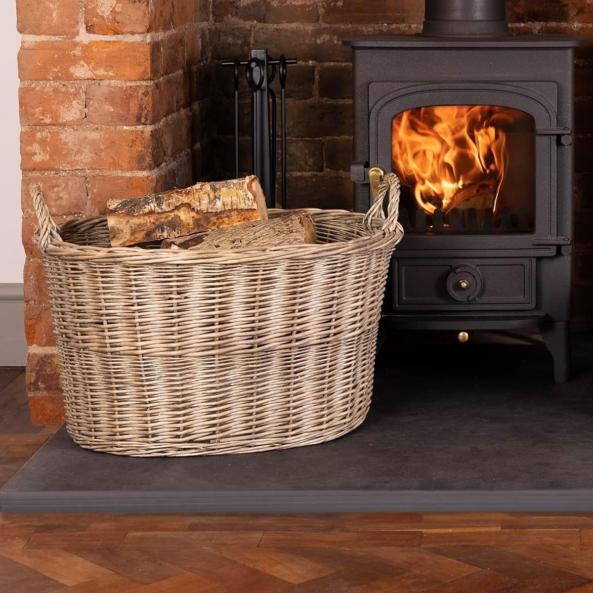 Oval Wicker Log Basket Set, Nesting Storage Baskets with Carry Handles, Durable