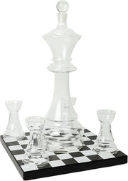 Glass Chess Decanter Set with Rook Shot Glasses & Chessboard Base Gift Set
