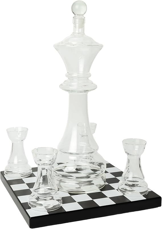 Glass Chess Decanter Set with Rook Shot Glasses & Chessboard Base Gift Set