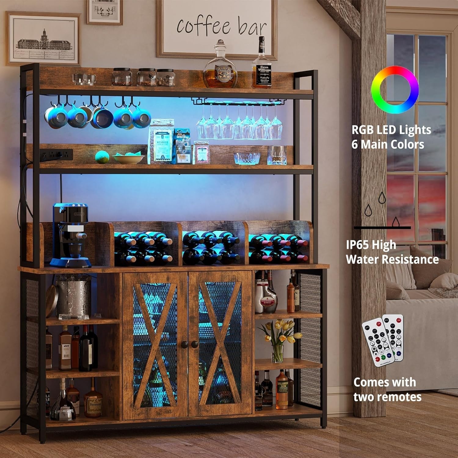 Industrial Bar Cabinet with LED Lights & Glass Rack, Large Buffet Storage Unit
