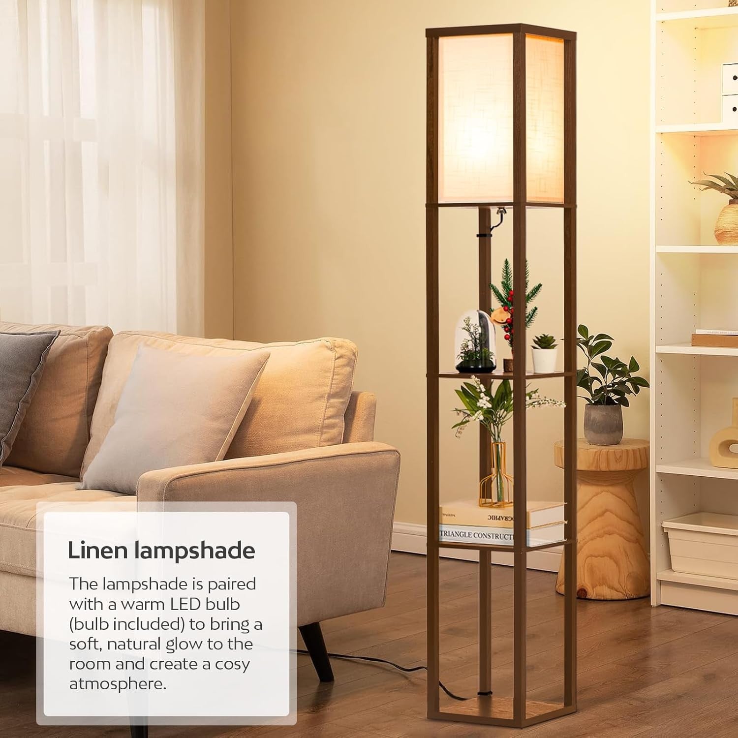 Floor Lamp with Shelves Wooden Standing LED Light Storage Display Walnut