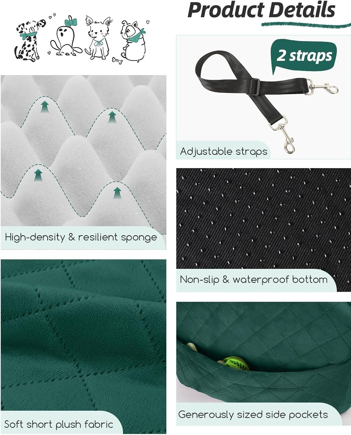 Dog Booster Car Seat Elevated Travel Bed Washable Pet Seat 35lb Green