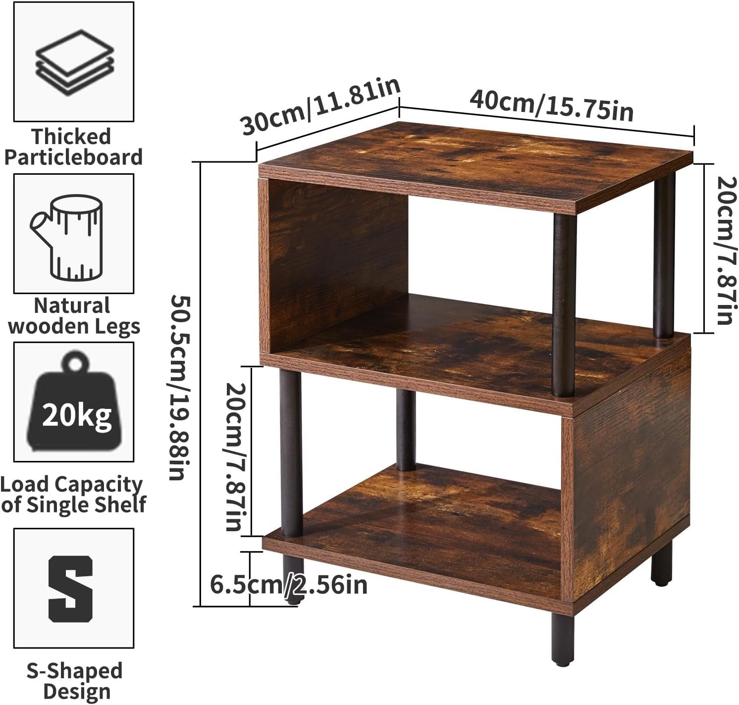 Rustic Brown 3-Tier S-Shape Side Table with Storage Shelves & Black Legs
